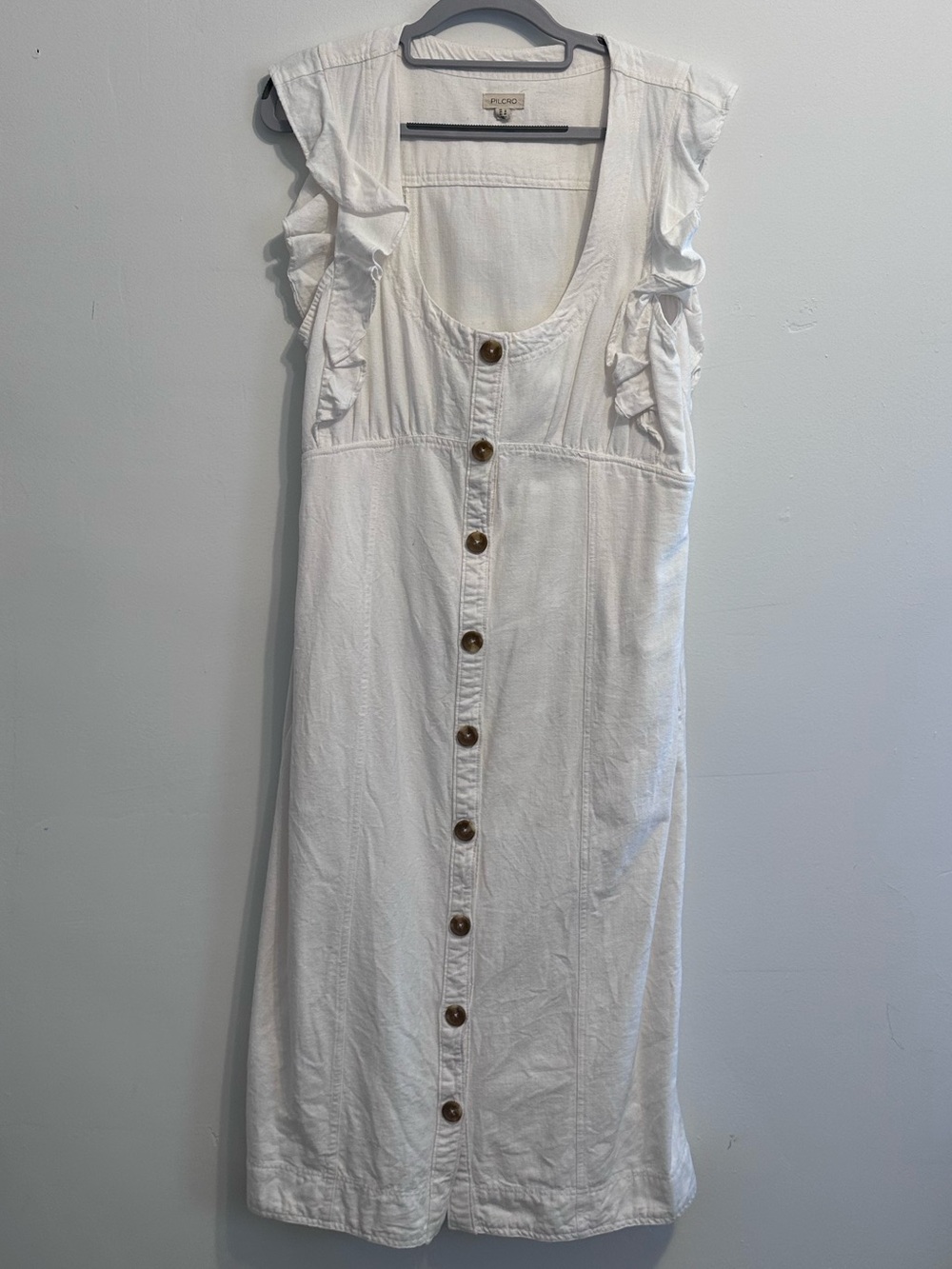 Pilcro Linen Cotton Button-Front Midi Dress with Ruffle Sleeves and Pockets